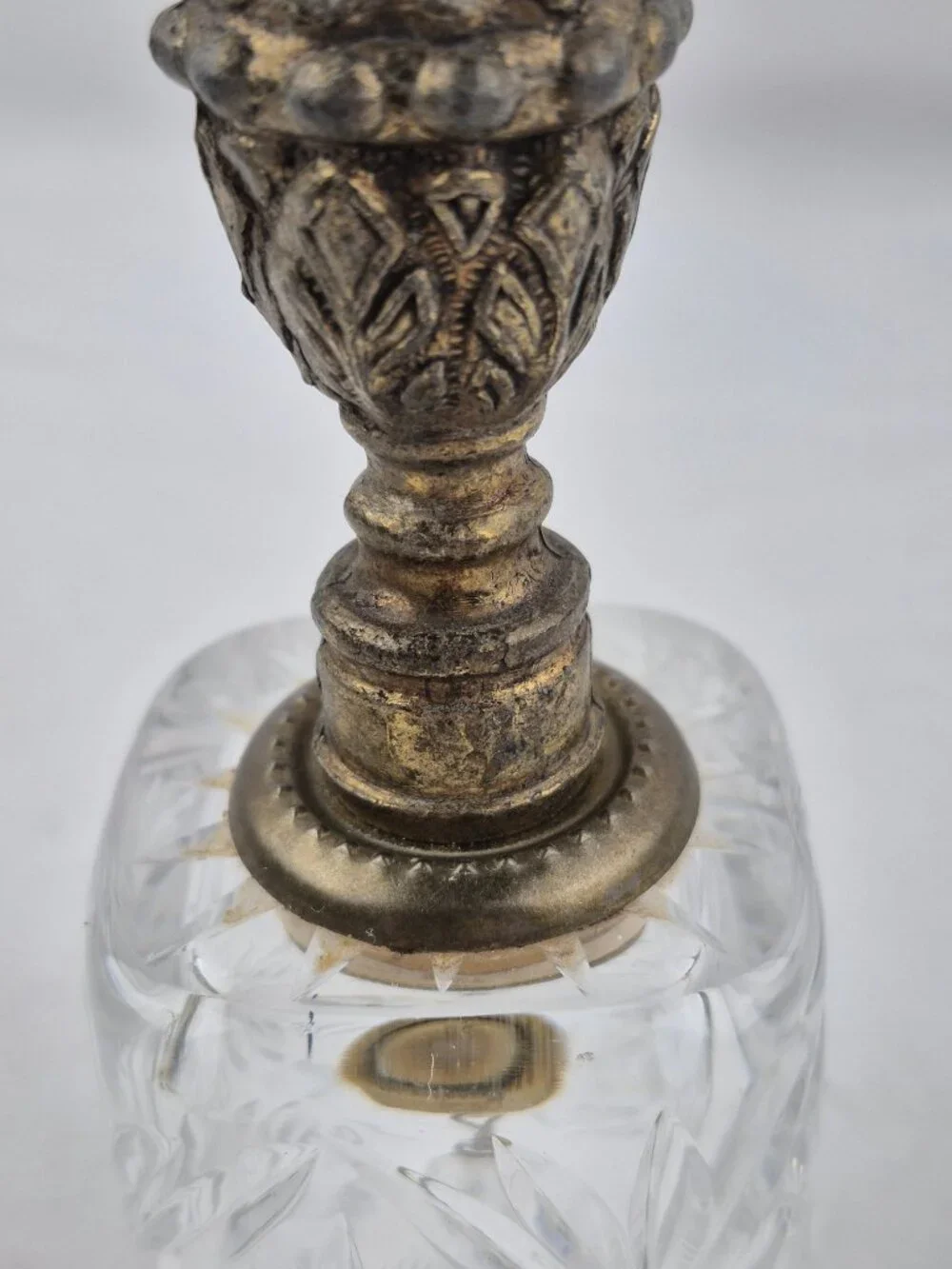 Vintage Hand-Cut Lead Crystal Dinner Bell Ornate Pewter Handle